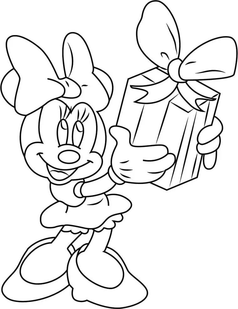 Minnie Mouse com presente para colorir. Desenho simples da Minnie sorrindo e segurando um presente com laço.