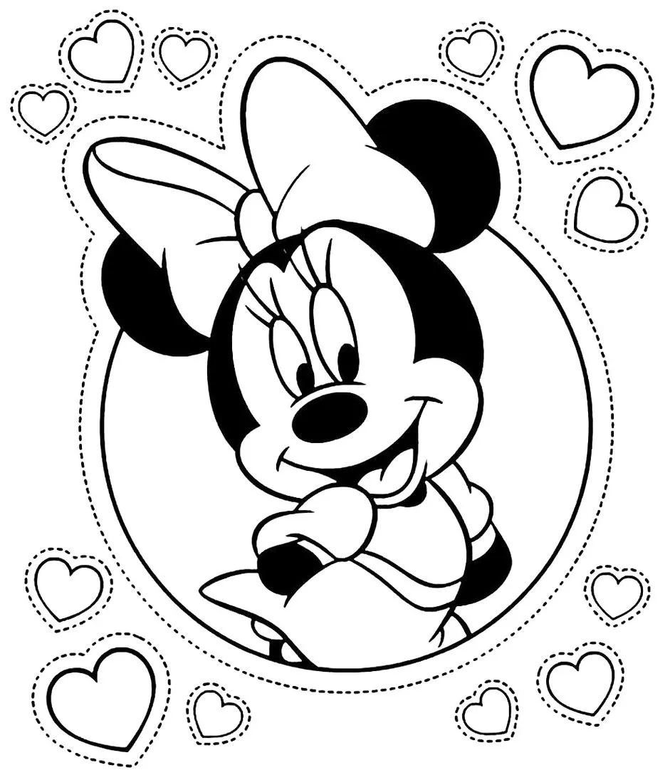 Minnie Mouse Romântica para colorir, rodeada de corações