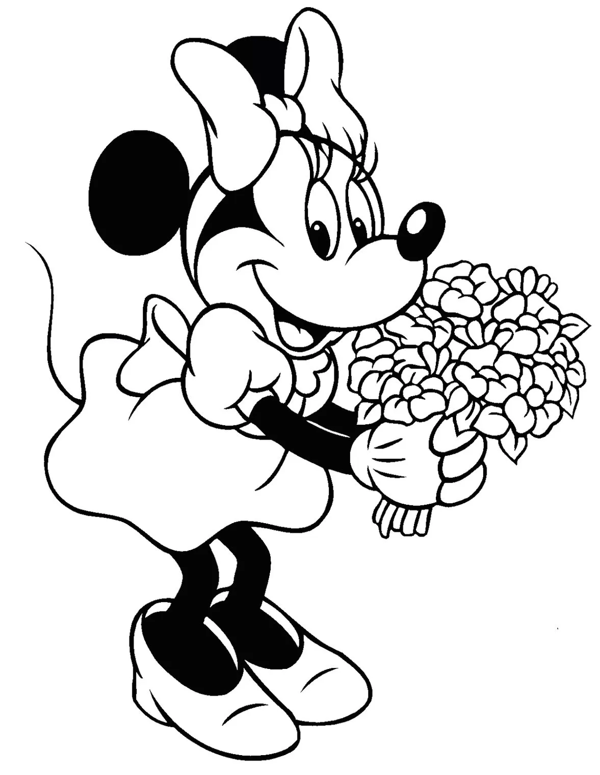 Minnie Mouse com buquê de flores: desenho para colorir.