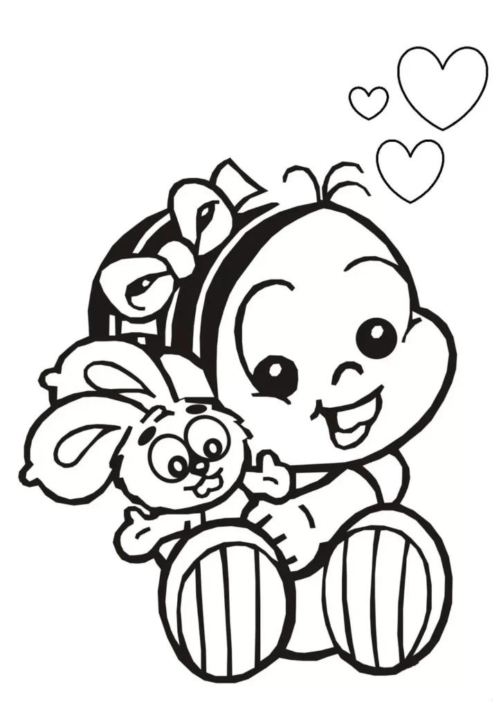 Mônica Bebê para colorir: Arte de bebê sorrindo com coelho e corações