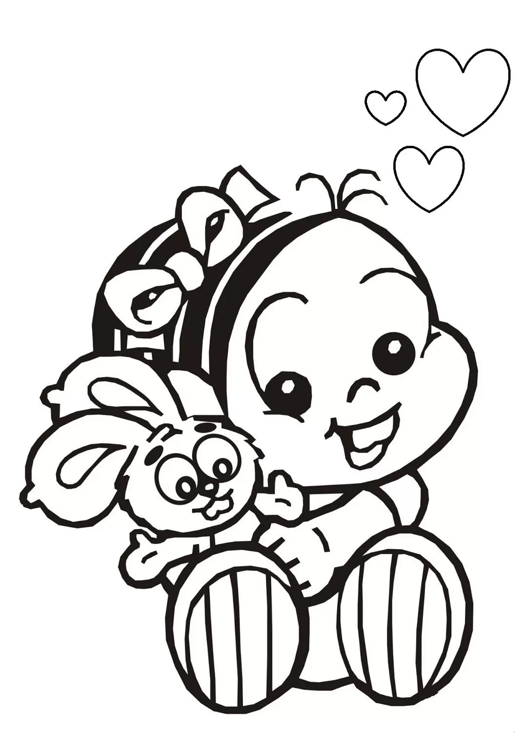 Mônica Bebê para colorir: Arte de bebê sorrindo com coelho e corações