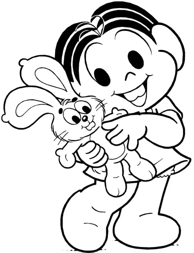 Mônica e Sansão para colorir: Desenho da Mônica abraçando seu coelhinho Sansão.