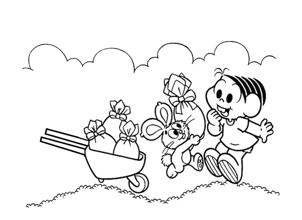 Mônica e amigos celebram a Páscoa: desenho para colorir com coelhinho, presentes e alegria.