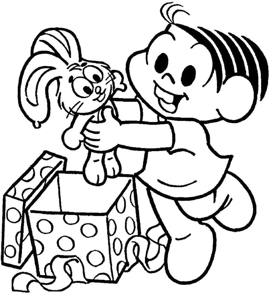 Mônica colorindo: Garoto feliz com coelhinho de pelúcia e presente aberto