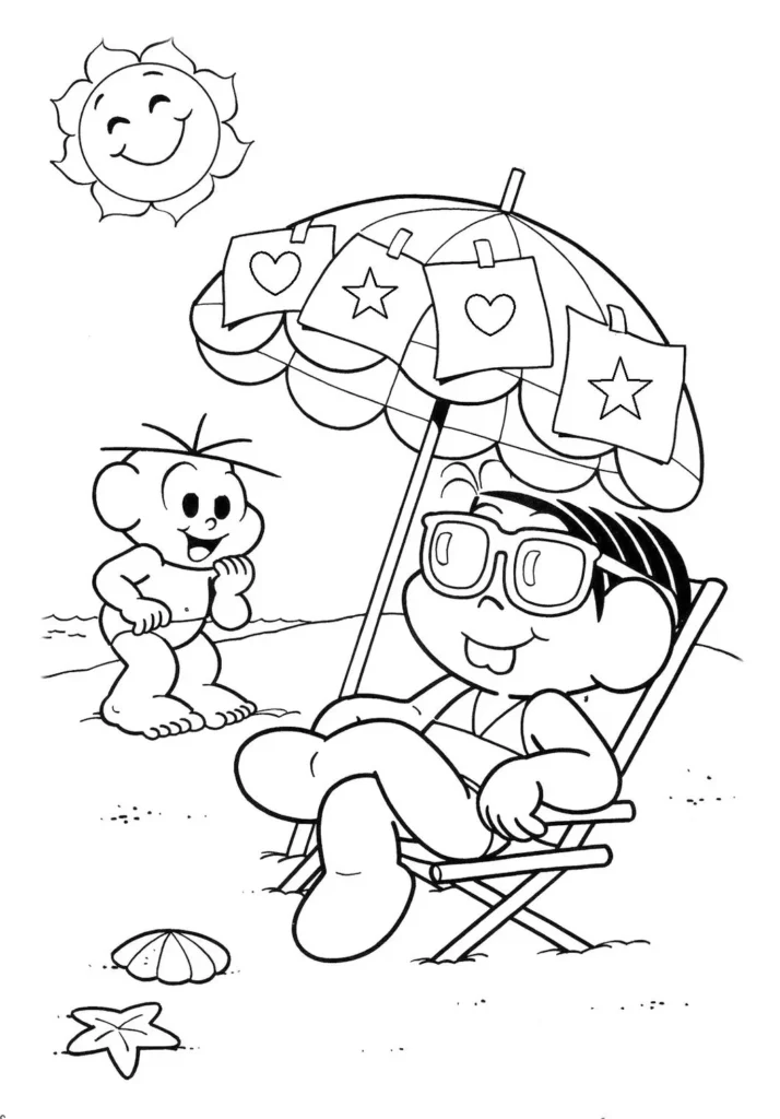 Mônica na Praia: Desenho para Colorir com Sol, Cadeira e Conchas