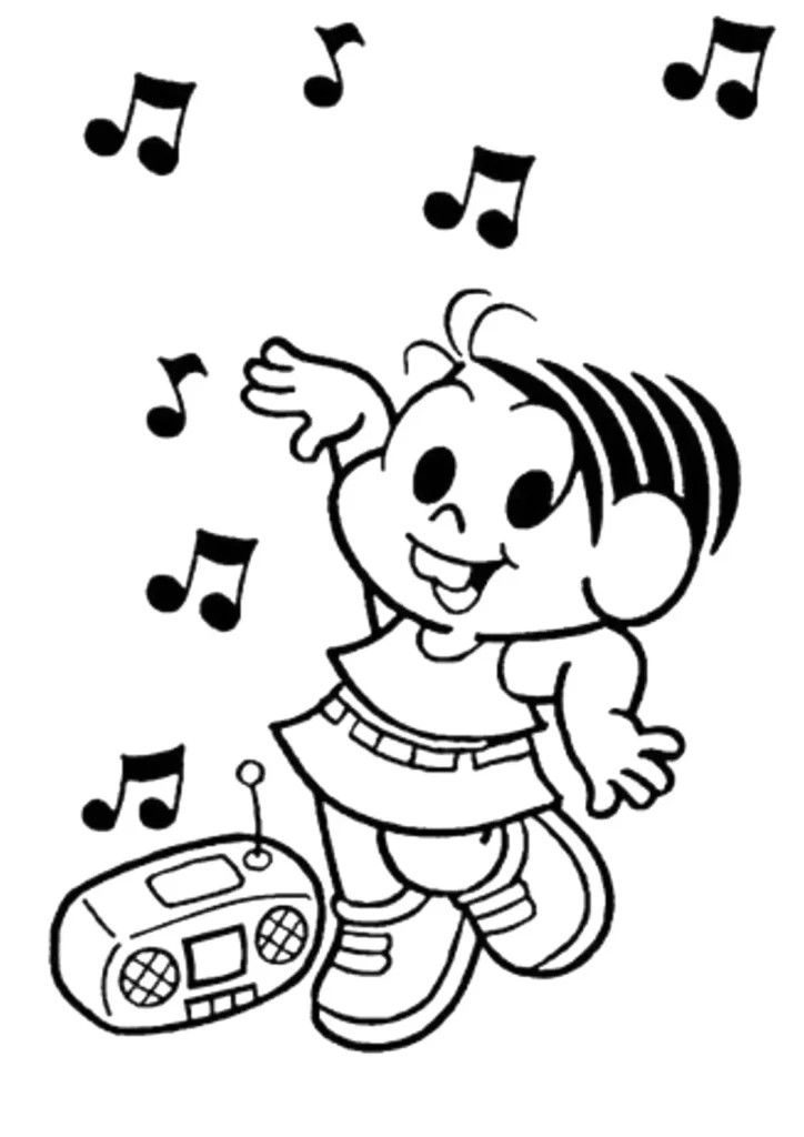 Mônica radiante dançando ao som de um rádio, rodeada por notas musicais. Desenho para colorir.