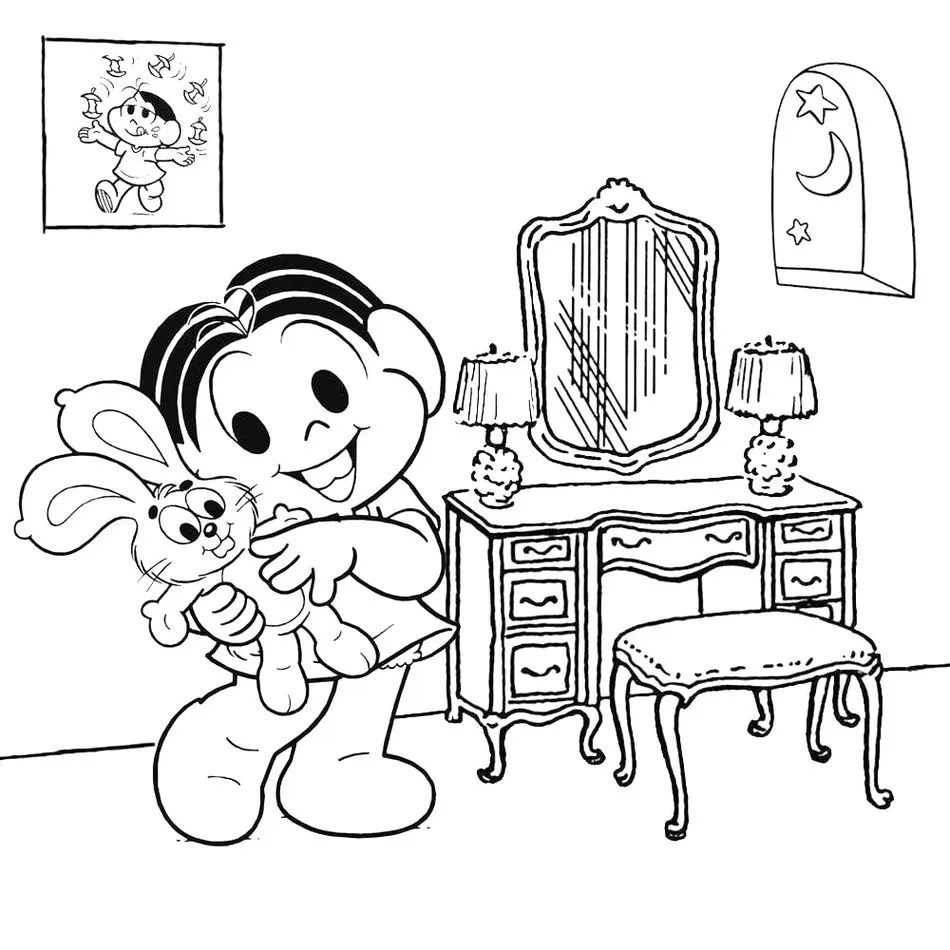 Mônica e seu coelho Sansão em desenho do quartinho para colorir