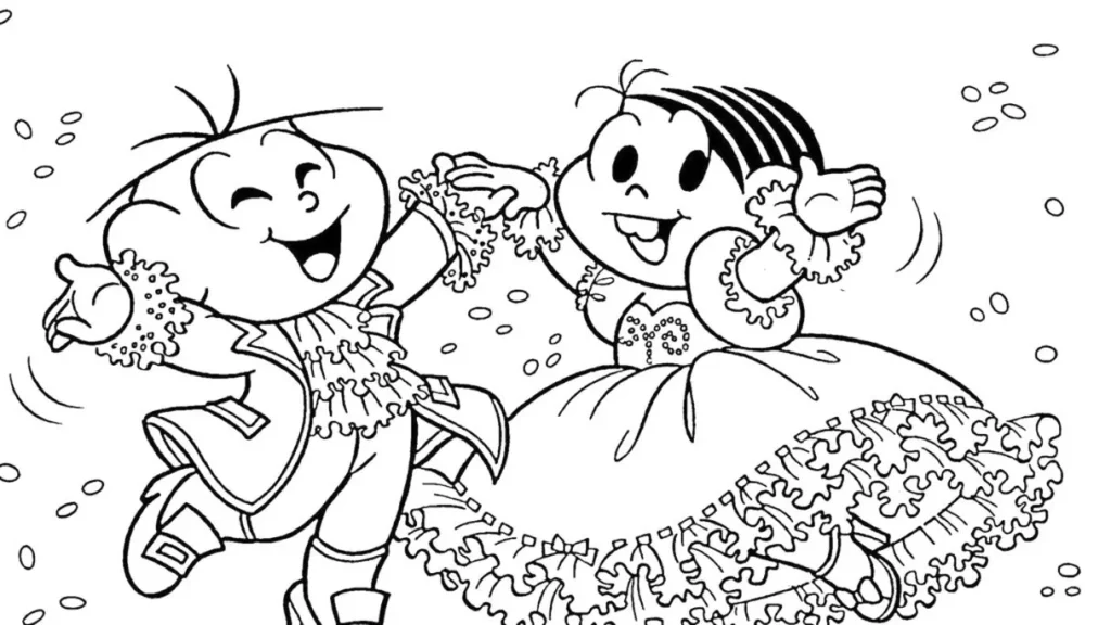 Mônica com vestido rodado para colorir: alegria e festa em desenho vibrante.