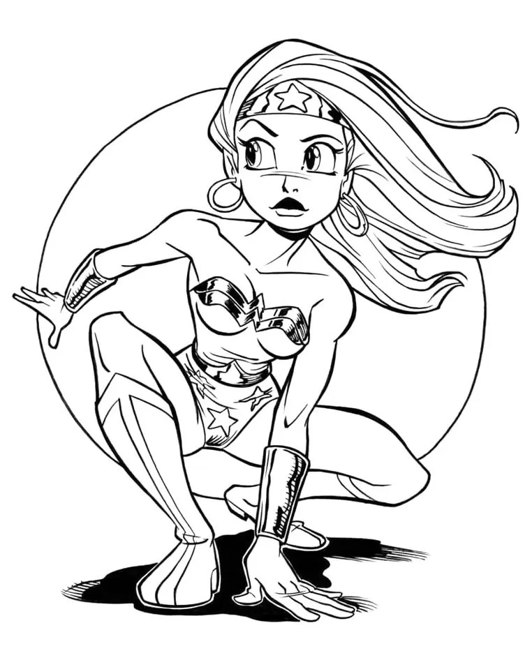 Mulher Maravilha para colorir: Heroína em pose atenta, pronta para a ação.