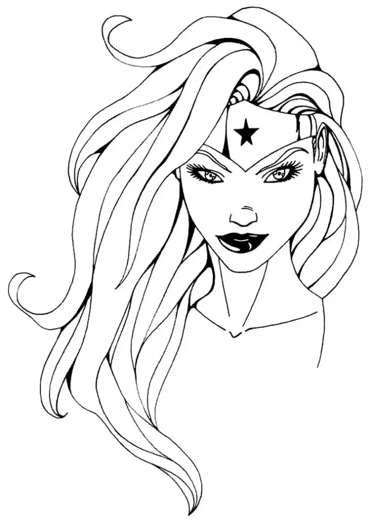 Mulher Maravilha Brava: Desenho para colorir com foco no rosto e tiara.