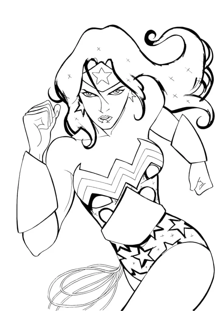 Mulher Maravilha para colorir: desenho da heroína correndo, com tiara de estrela e traje característico.