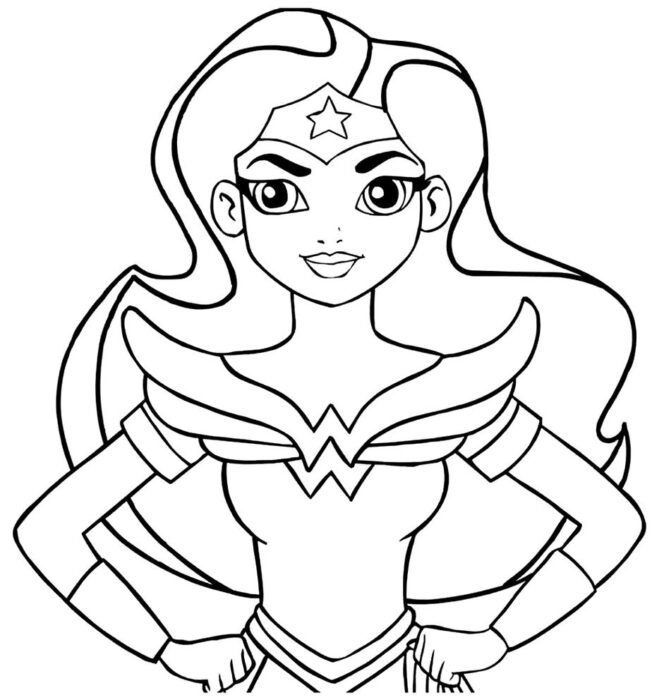 Mulher Maravilha para colorir: Desenho estilo mocinha da heroína sorrindo.