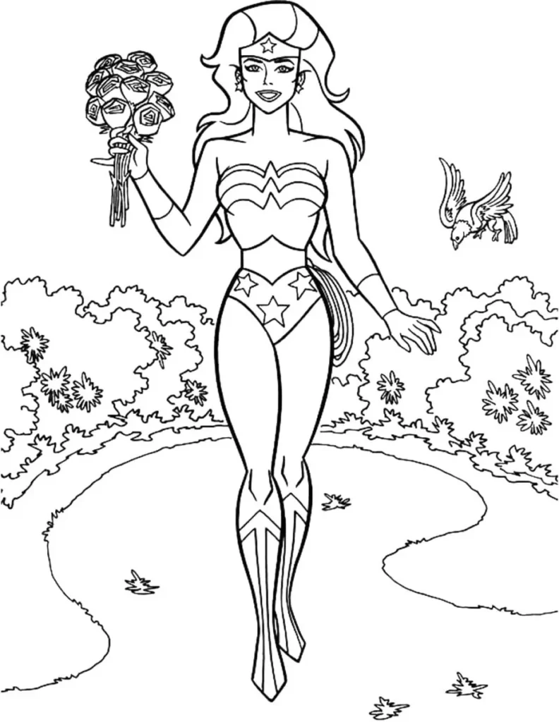 Mulher Maravilha no jardim: desenho para colorir com rosas e passarinho