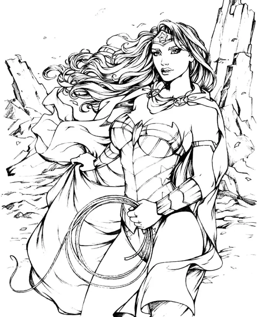 Mulher Maravilha para colorir: desenho heroico com laço da verdade.