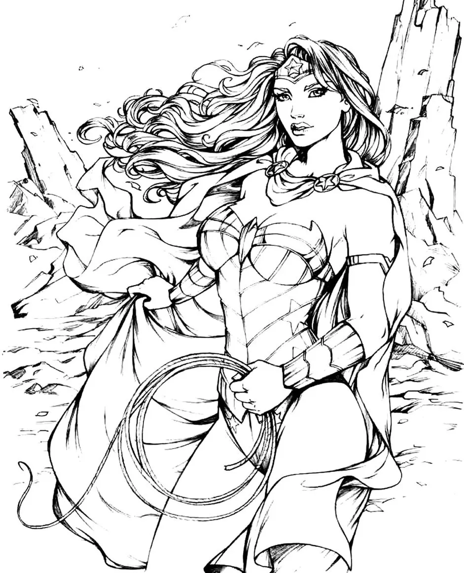 Mulher Maravilha para colorir: desenho heroico com laço da verdade.
