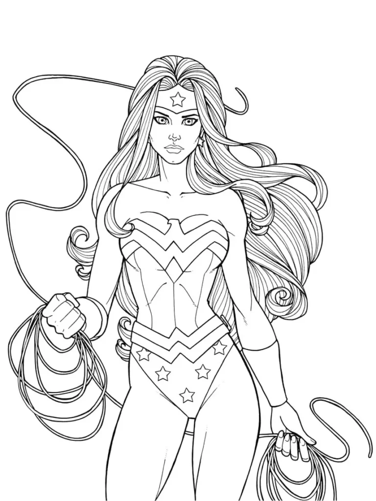 Desenho da Mulher Maravilha com o laço da verdade para colorir.