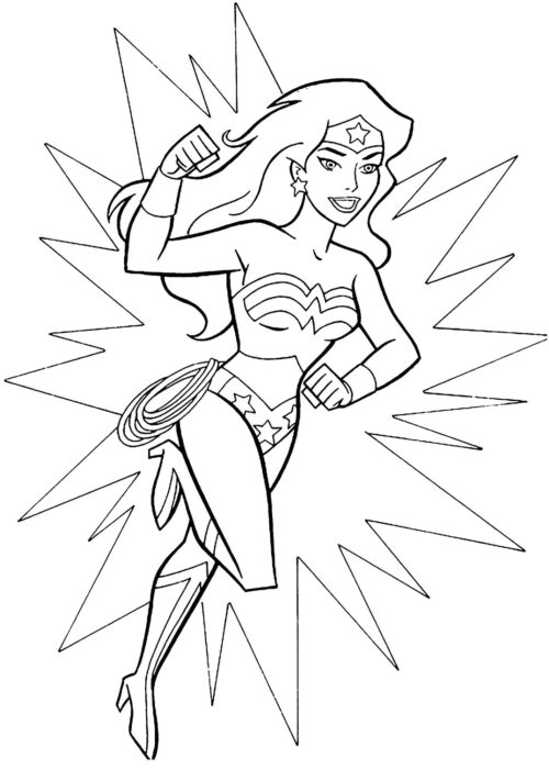 Mulher Maravilha para colorir: heroína em pose de ação, pronta para a aventura