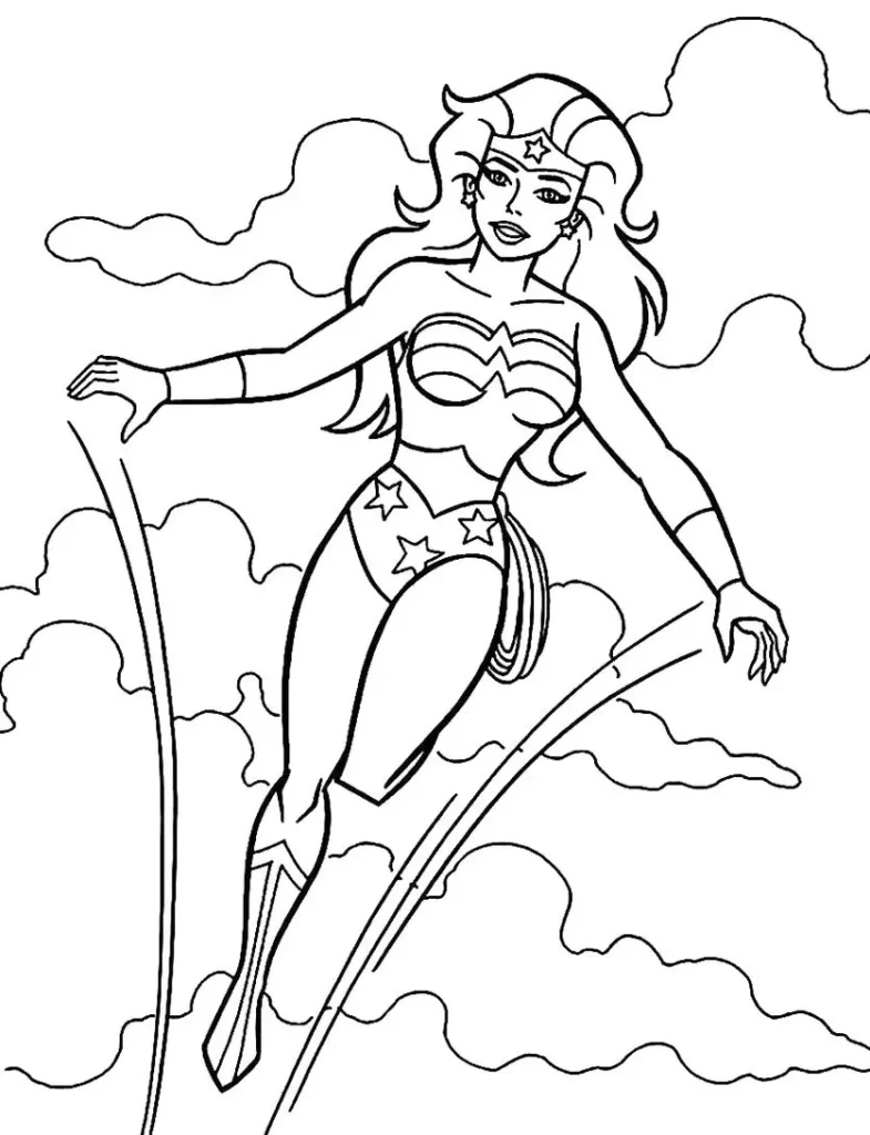 Mulher Maravilha para colorir voando no céu