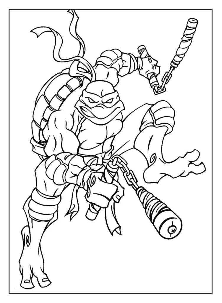 Desenhos das Tartarugas Ninjas para colorir Derrotando o Mal Tartaruga Ninja pronta para colorir, combatendo o crime com seus nunchakus.