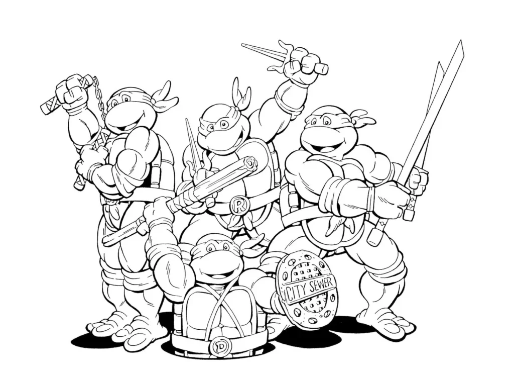 Desenhos das Tartarugas Ninjas para colorir Equipe Tartarugas Ninjas em ação: desenho para colorir da equipe com Raphael, Michelangelo, Donatello e Leonardo exibindo suas armas.