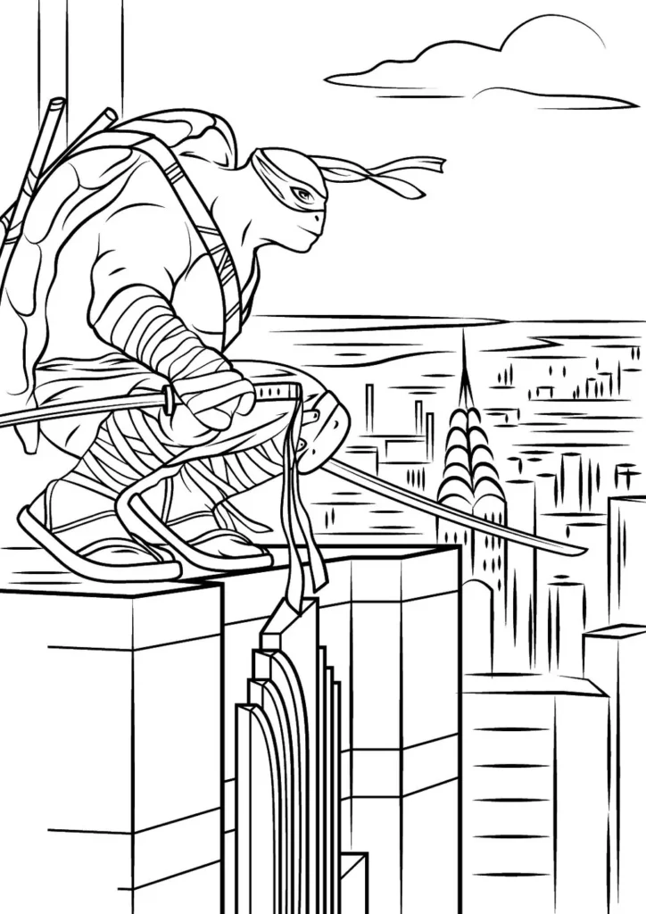 Desenhos das Tartarugas Ninjas para colorir Leonardo em cima dos Prédios Leonardo das Tartarugas Ninjas para colorir: Herói em Nova York