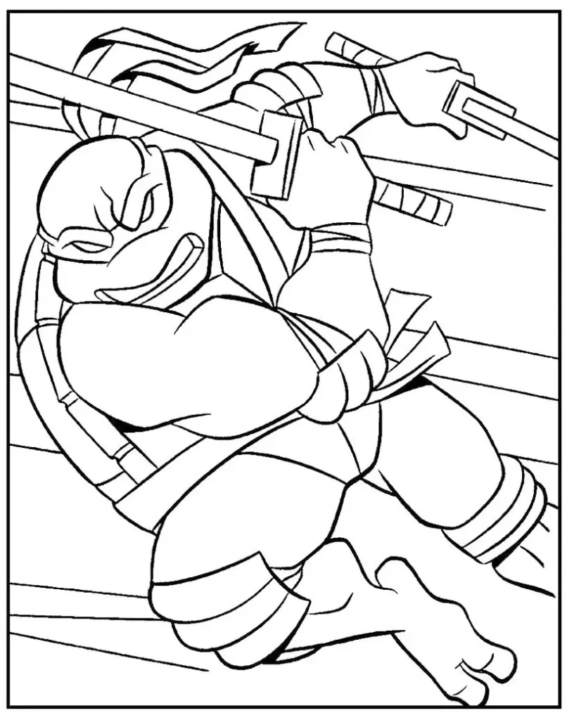 Desenhos das Tartarugas Ninjas para colorir Lutando Tartaruga Ninja em pose de combate com katanas, pronta para colorir.
