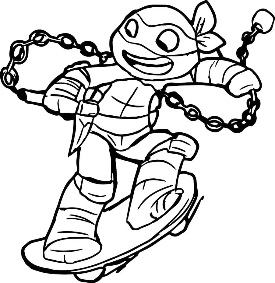 Desenhos das Tartarugas Ninjas para colorir Michelangelo de Skate Michelangelo das Tartarugas Ninja em ação radical no skate, pronto para colorir.