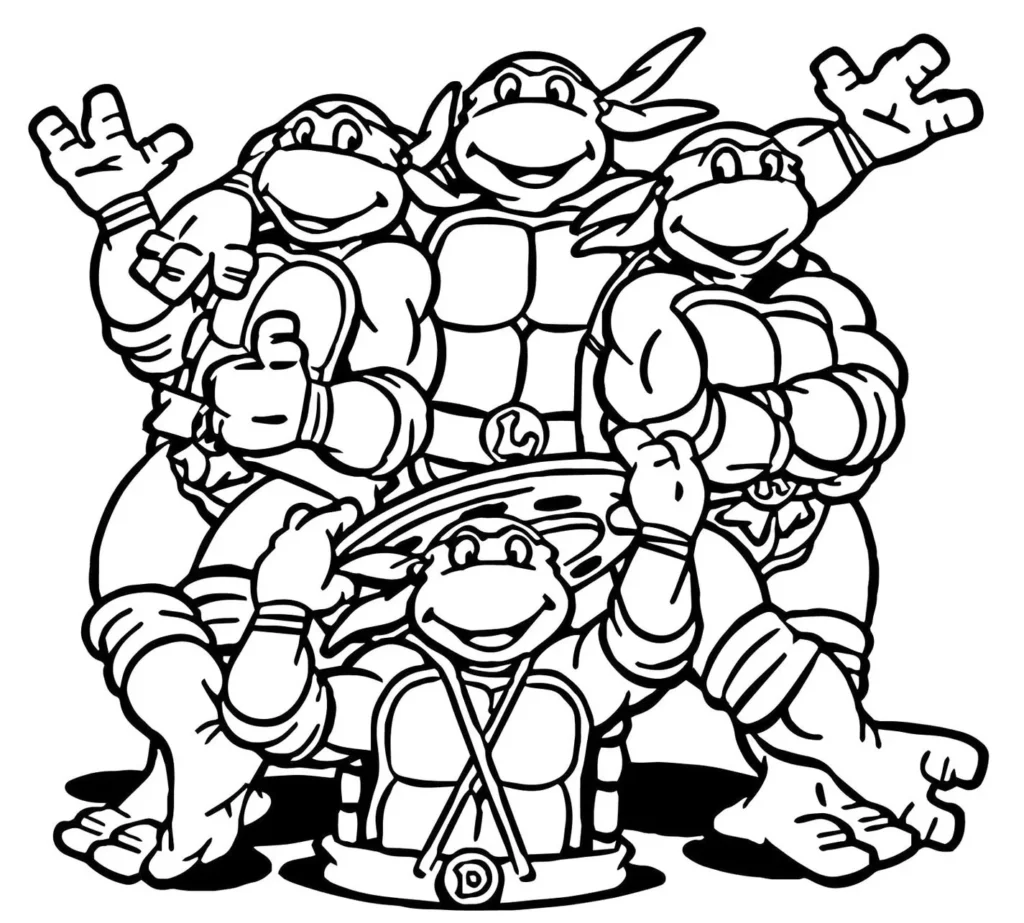 Desenhos das Tartarugas Ninjas para colorir Pronto para Lutar Tartarugas Ninjas prontas para a luta: Rafael, Leonardo, Michelangelo e Donatello em pose de ação, ideal para colorir.