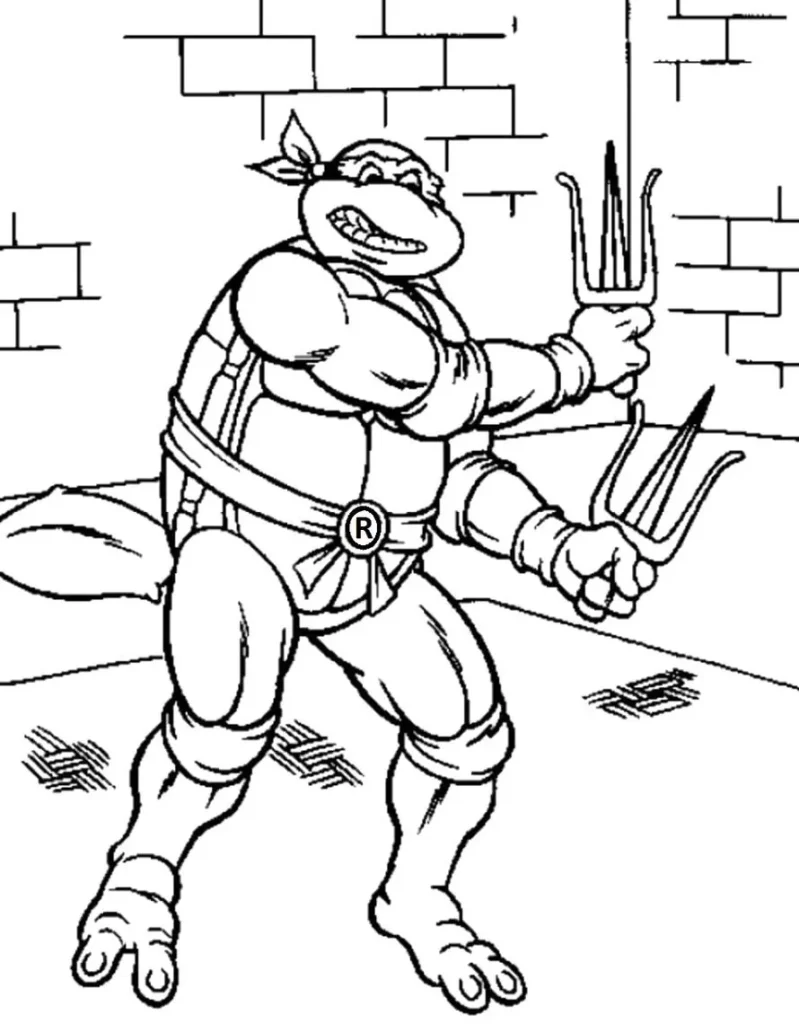 Desenhos das Tartarugas Ninjas para colorir Raphael Raphael das Tartarugas Ninjas pronto para colorir: desenho em ação com sais.