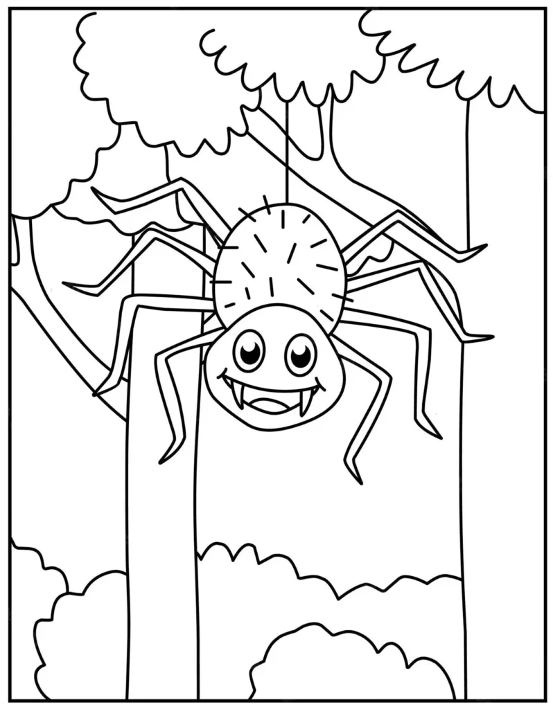 Desenhos de Aranhas para pintar Na Árvore Aranha sorridente na teia entre árvores, pronta para colorir.