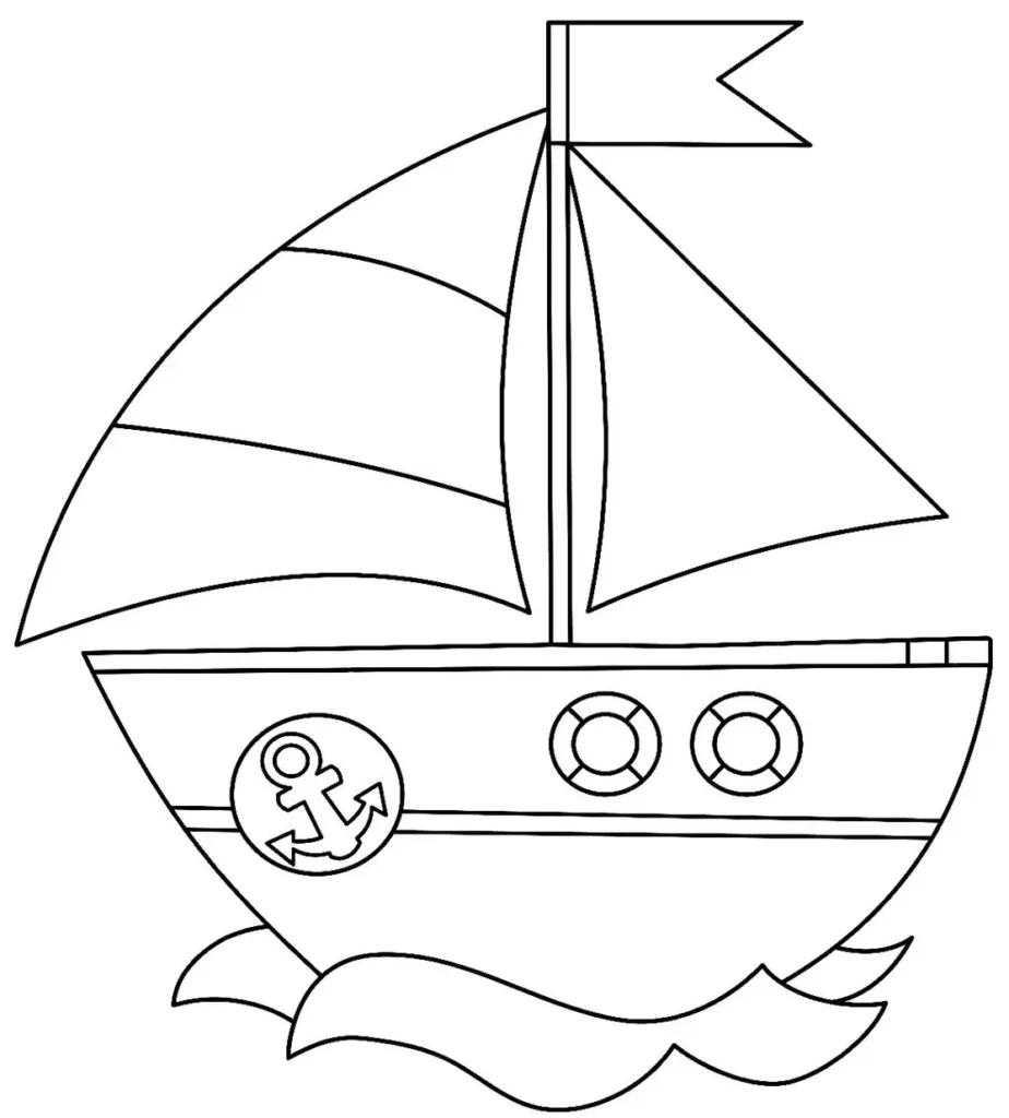 Barco à vela com boias salva-vidas e âncora para colorir.
