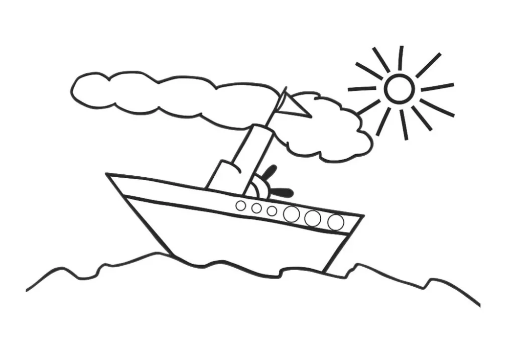 Barco a navegar com céu ensolarado e mar ondulado para colorir.