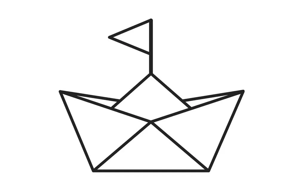 Barco de papel para colorir: desenho simples com mastro e bandeira.