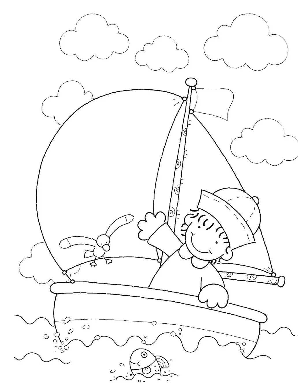 Desenhos de Barcos para pintar Em Alto Mar Barco à vela com menino e gaivota em cena marítima para colorir