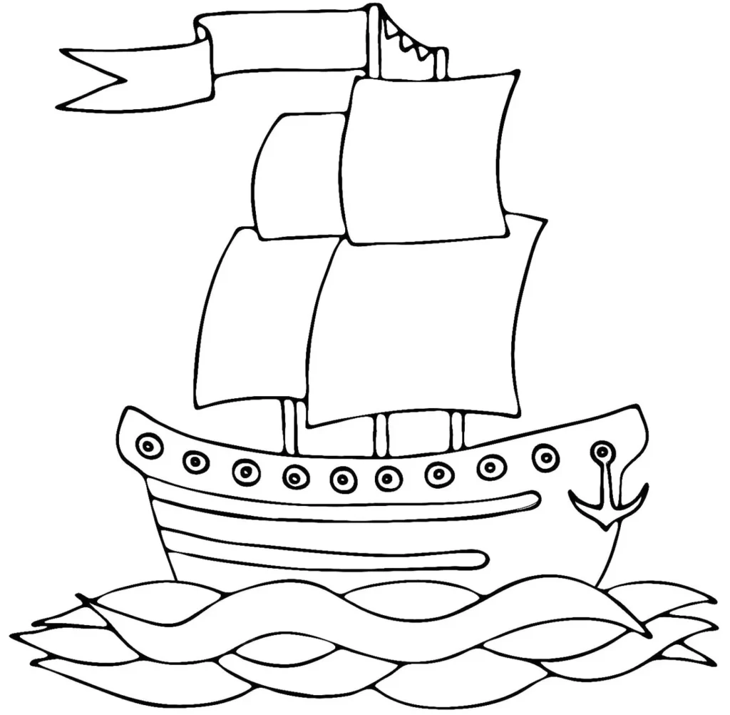 Veleiro artístico com três mastros e âncora, navegando em ondas. Desenho grande para colorir.