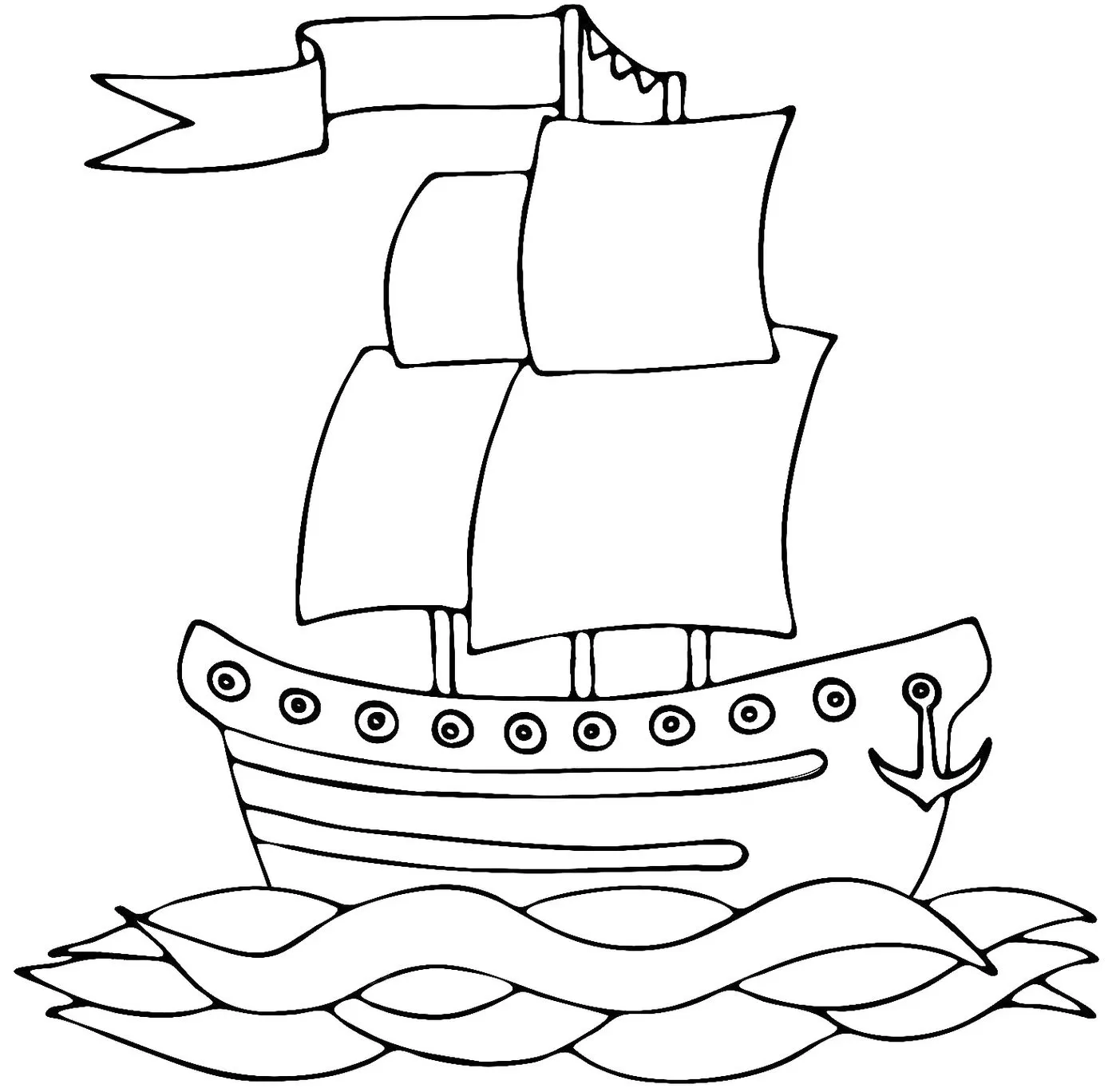 Desenhos de Barcos para pintar Grande Veleiro artístico com três mastros e âncora, navegando em ondas. Desenho grande para colorir.