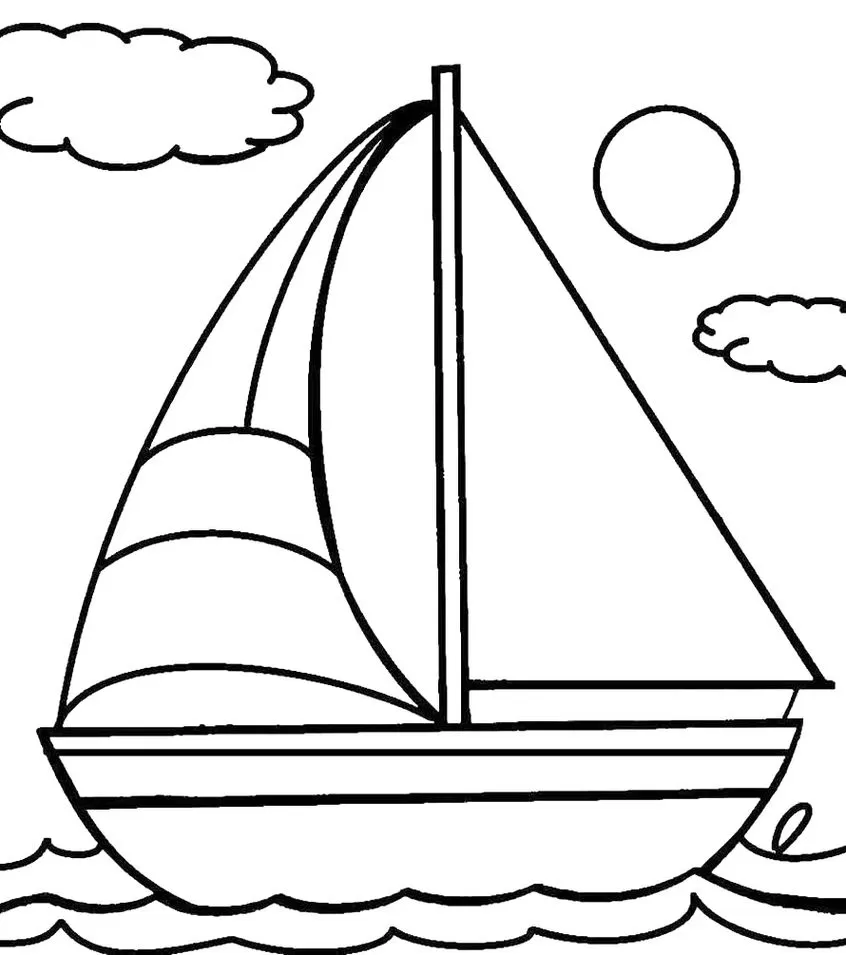 Barco a vela para colorir navegando no mar. Desenho simples com sol e nuvens.