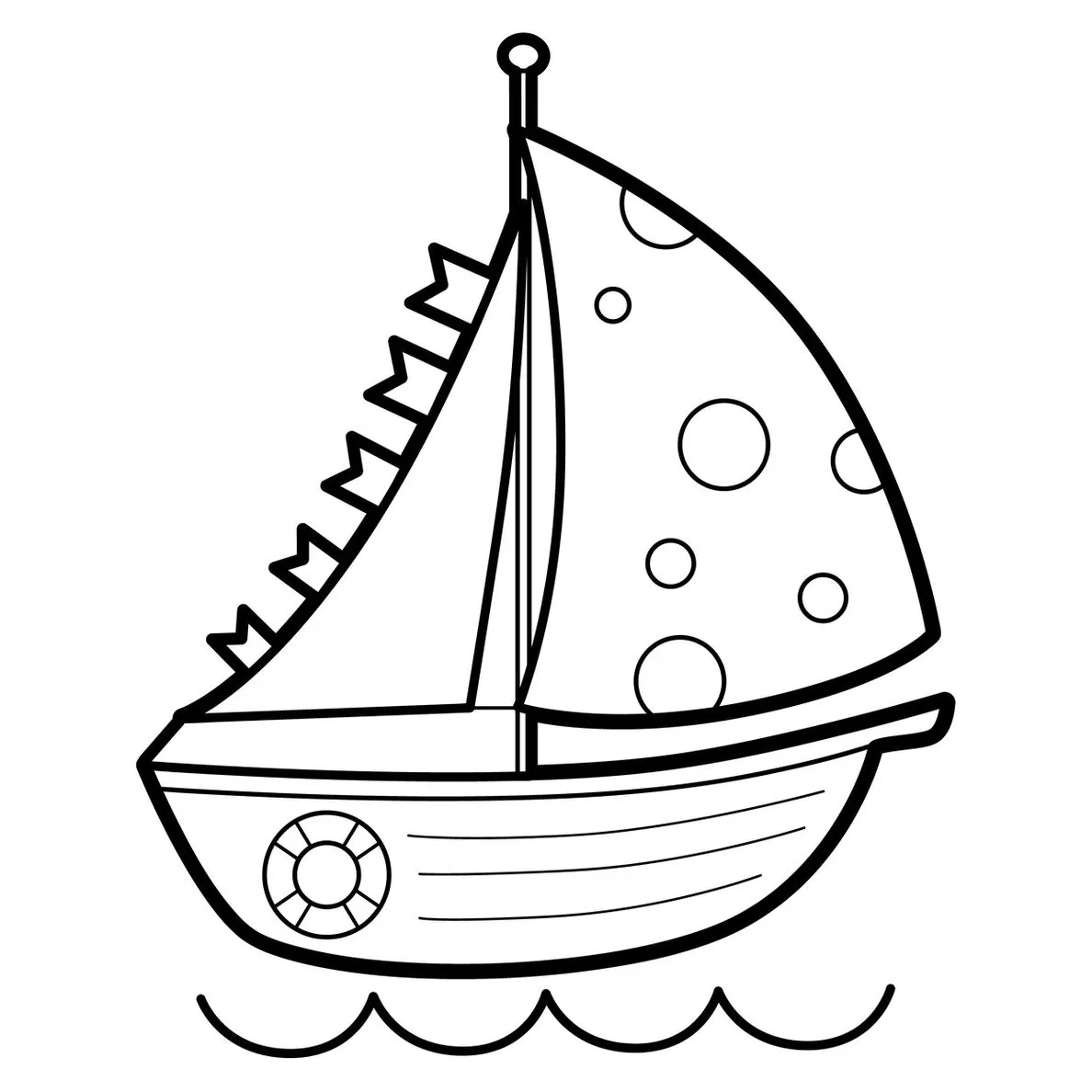 Desenhos de Barcos para pintar Pequeno Barco à vela pequeno para colorir, com design divertido e ondas simples.