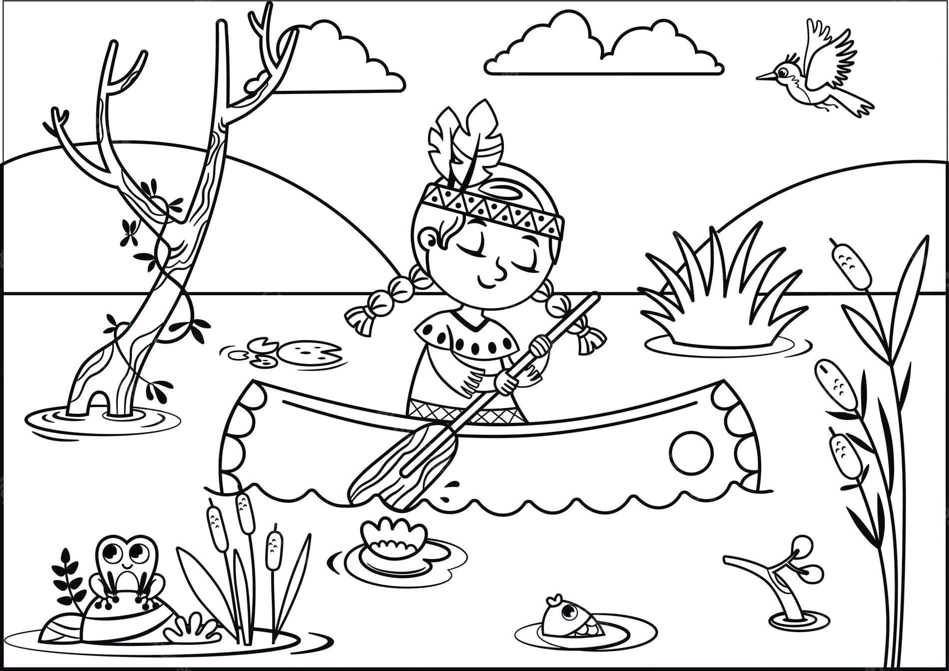 Desenhos de Canoas para pintar Índia no Rio Nativa americana remando em canoa no rio: desenho para colorir com árvore, fauna e paisagem serena.
