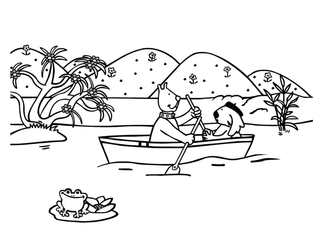 Desenhos de Canoas para pintar No Rio Cachorros aventureiros em canoa no rio, com sapo amigável na margem. Desenho para colorir.