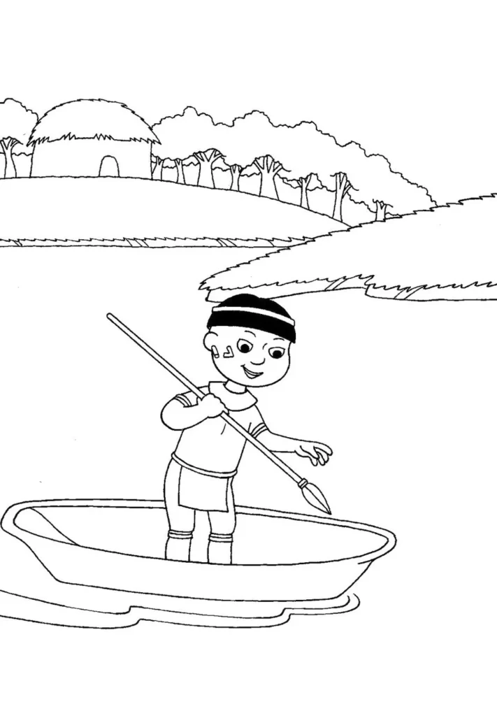 Desenhos de Canoas para pintar Pescando com Lança Canoas de pesca com lança: desenho para colorir de cena indígena ribeirinha.