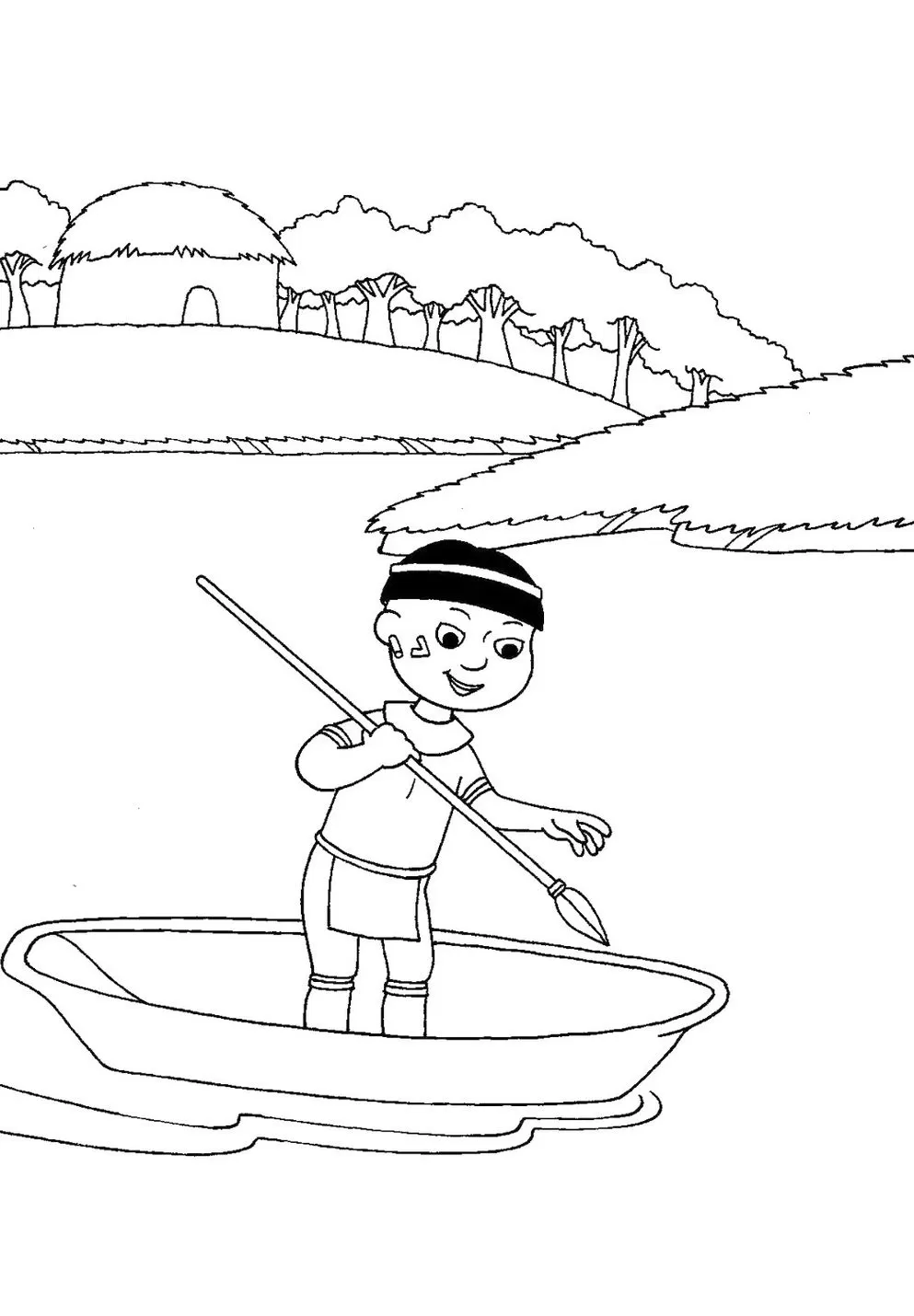 Desenhos de Canoas para pintar Pescando com Lança Canoas de pesca com lança: desenho para colorir de cena indígena ribeirinha.