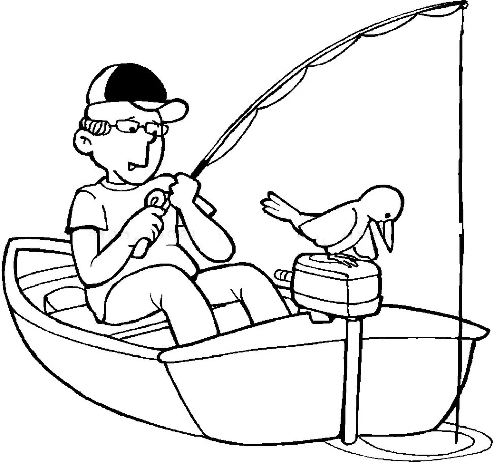 Desenhos de Canoas para pintar Pescando Desenho de canoa com pescador e pássaro para colorir