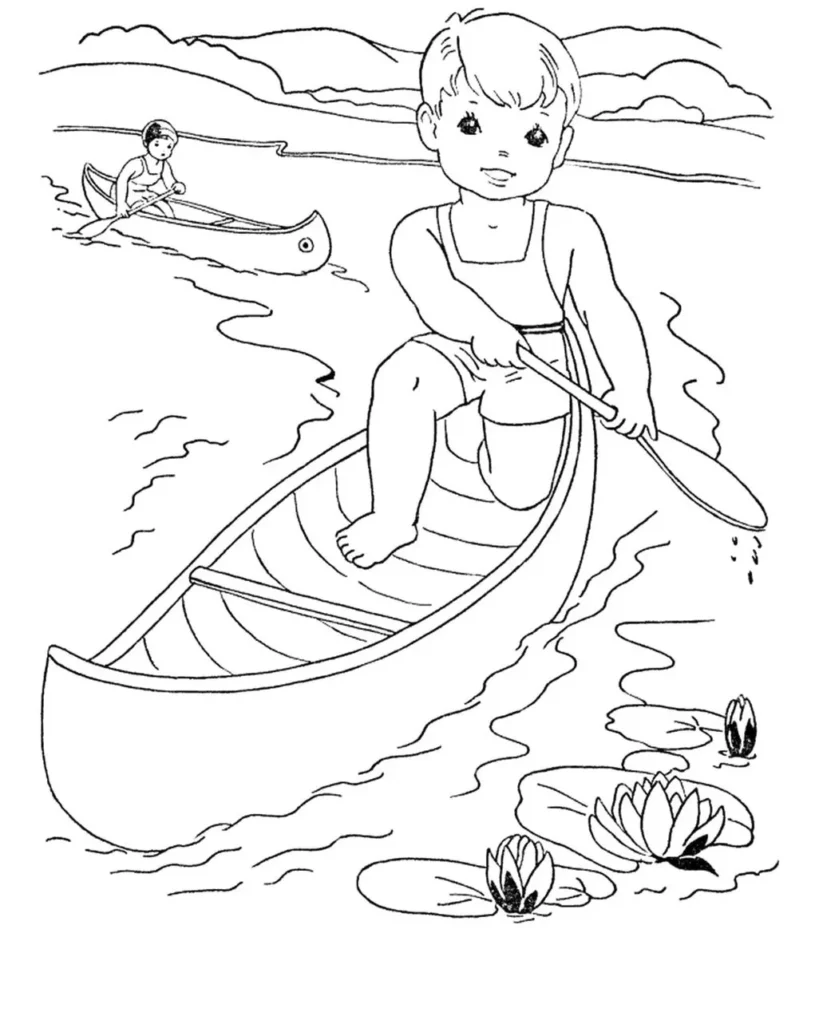 Desenhos de Canoas para pintar Remando Canoas em lago sereno: desenho para colorir com garoto remando.
