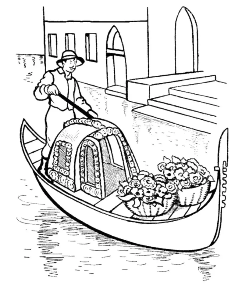 Desenhos de Canoas para pintar Veneza Gôndola em canal de Veneza para colorir: gondoleiro navegando entre arquitetura veneziana.