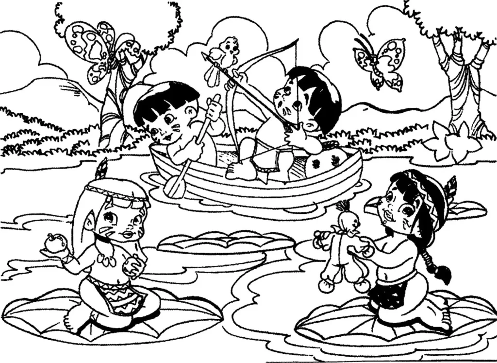Desenhos de Canoas para pintar Vida de Índio Crianças indígenas em canoa no rio: desenho para colorir da vida indígena.