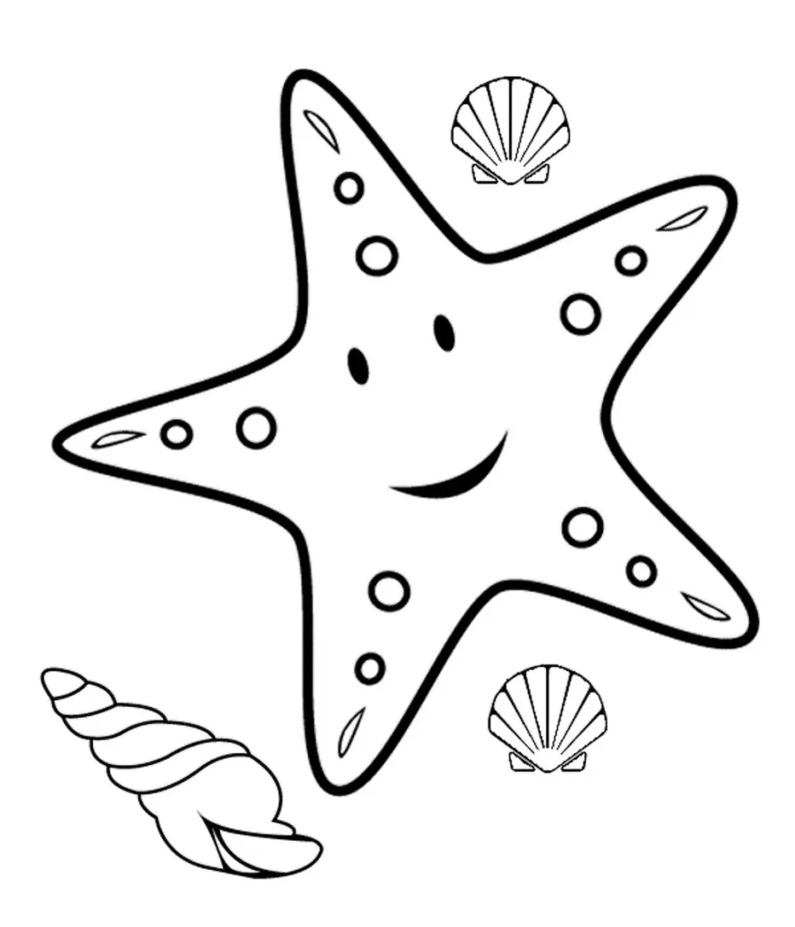 Estrela do mar sorridente com conchas marinhas para colorir. Desenho com rosto amigável e padrão de círculos.