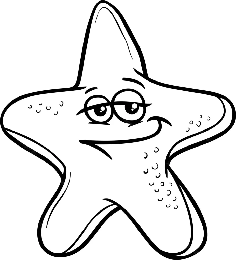 Estrela do mar com expressão desconfiada para colorir. Criatura marinha com cinco braços e rosto expressivo.