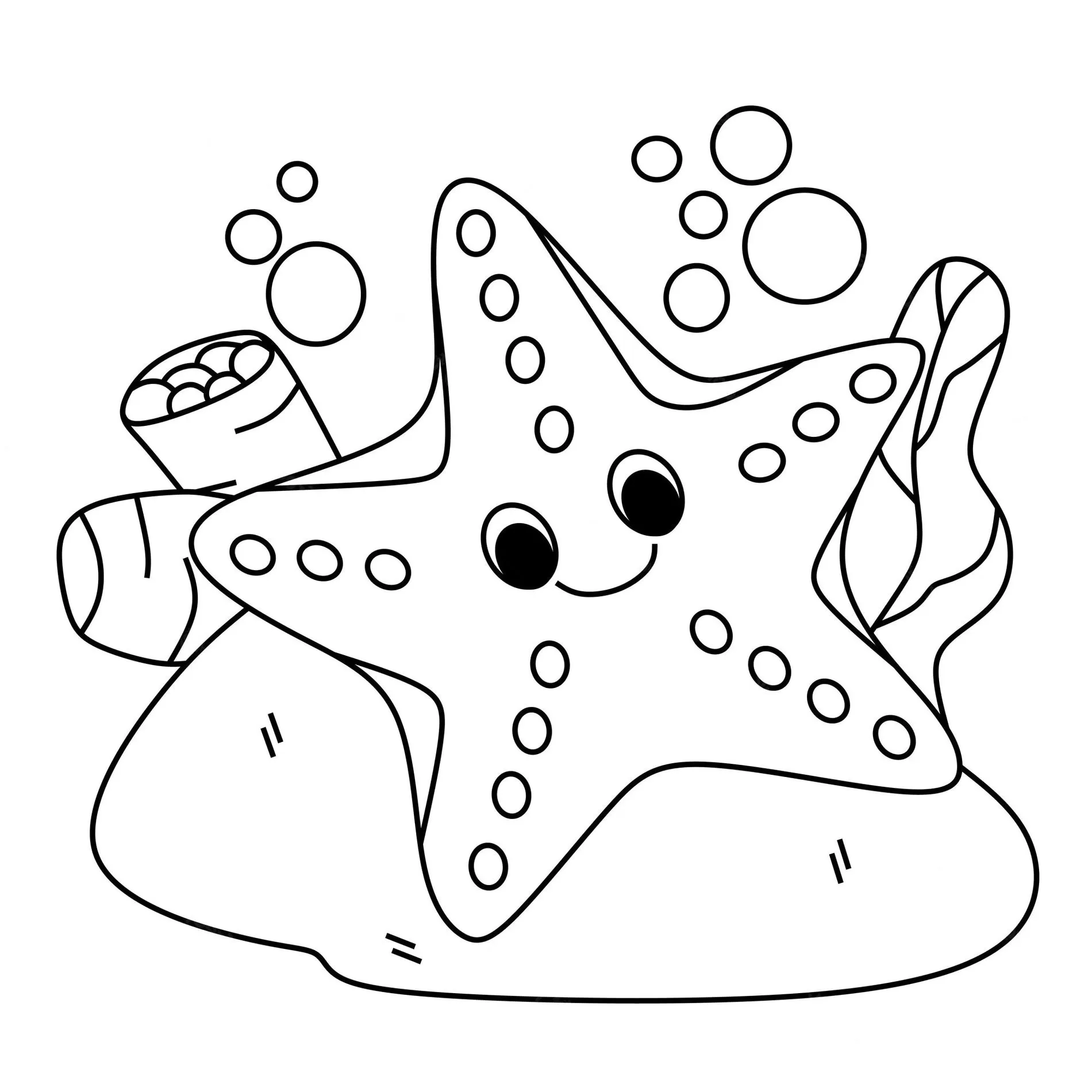 Desenho de estrela do mar sorridente para colorir em cena submarina.