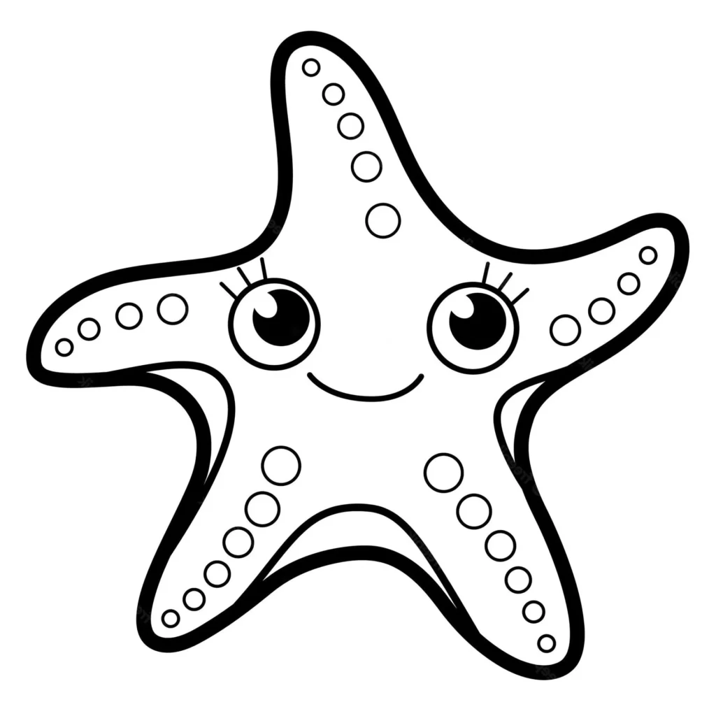 Estrela do mar fofa para colorir, com círculos nos braços e um sorriso amigável.